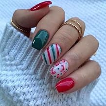 Christmas Nails Press on Short Square Xmas Fake Nails Glossy Stripe False Nail Reusable Winter Acrylic Stick on Nail for Women DIY Manicure Decor
