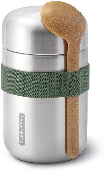 BLACK + BLUM Vacuum Food Flask | Leak Proof Insulated Stainless Steel Lunch Container with Ladle Spoon for Hot and Cold Food | Travel, Office Lunch Box for All Ages | Olive 13.5 oz / 400 ml | Vacuum Insulated Food Jar, Stainless Steel, 6H Hot & 8H Cold, Spoon, Carry Strap, Work & Travel