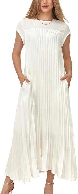 KEOMUD Women Summer Pleated Maxi Dress Casual Short Sleeve Crewneck Flowy Swing Long Dress with Pockets