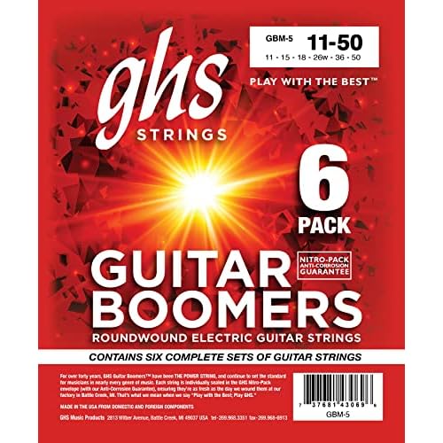 GHS Strings, GBM Boomers, Nickel Plated Steel Electric Guitar Strings, Legendary Strength, Consistent Intonation, Long Lasting Brightness, Tone & Sustain. For 6-String Guitar, 11-50 Med. Gauge, 6 Pack