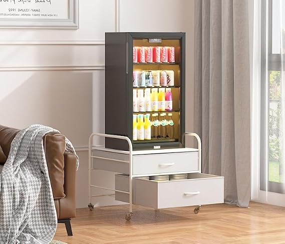 EazeHome Mini Fridge Stand, Fridge Stand with Storage, 2 Drawer Fridge Cart, Organizer Unit for Mini Fridge, Fridge Stand Table, Mini Fridge Table with Swivel Wheels,White