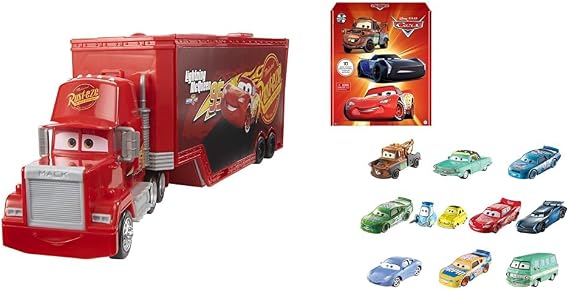 Bundle of Mattel Disney Pixar Cars Transforming Mack, 2-in-1 Toy Truck & Tune-Up Station with Launcher & More + Mattel Disney Pixar Cars 10 Die-Cast Mini Racers Vehicles, 1:55 Scale Inspired by Movies