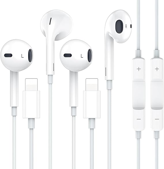 iPhone、マイク、ボリュームコントロール、ノイズリダクション用のLightningイヤホン2個パック。
