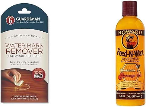 Guardsman Reusable Water Mark Remover Cloth | Wood Cleaner for White Rings & Haze Caused By Moisture and Heat, 1 Count & Howard Feed-N-Wax Wood Polish and Conditioner, 16-Ounce