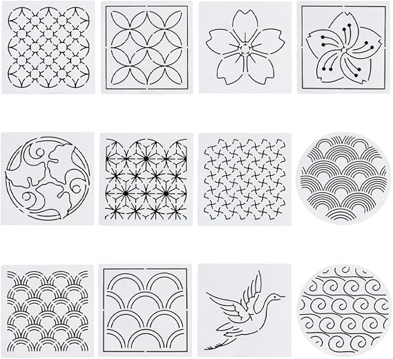 FREEBLOSS 12Pcs 5.5 * 5.5inch Plastic Sashiko Stencils Drawing Stencils Embroidery Patterns 12 Different Japanese Style Patterns Embroidery Templates for Hand Quilting
