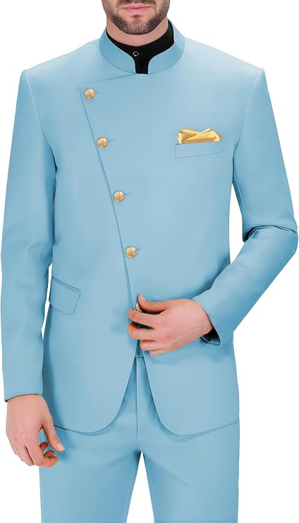 Mens Mandarin Collar Suit 2 Piece Chinese Tunic Suits for Men Gold Button Blazer Pants Set for Wedding Prom