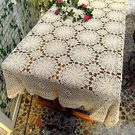 USTIDE Shabby Handmade Crochet Tablecloth Rectangle Romantic Table Cover Beige Lace Design Table Overlays Rectangular 51inchesx70inches