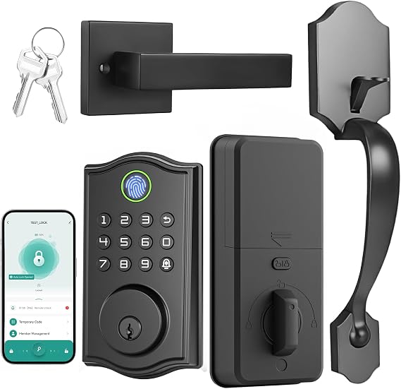 Smart Front Door Lockset with Handle, Keyless Entry Deadbolt | Fingerprint/App/Code/Key Unlock, Anti-Peeping Keypad, Auto-Lock, Easy Install