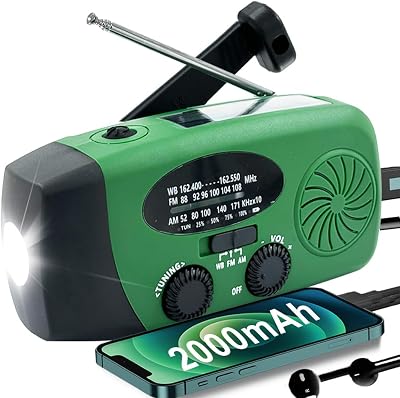 Emergency Weather Radio, 2000mah Solar Hand Crank Radio, AMFM NOAA Portable Battery Powered Radios with Cell Phone Charger, LED Flashlight, SOS Alarm for Camping, Emergencies
