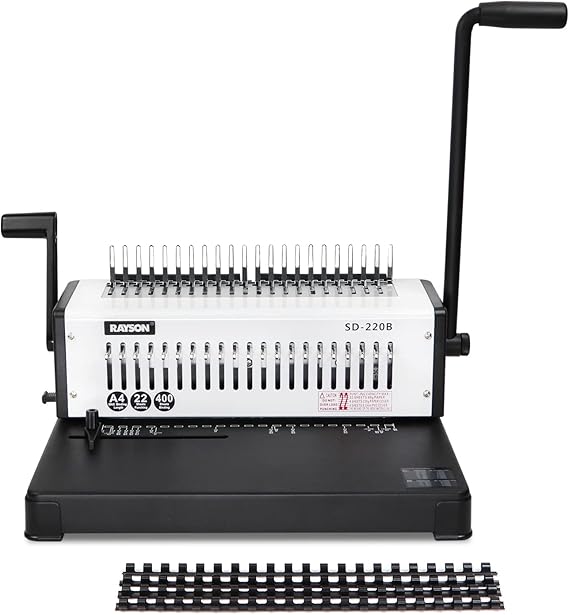 RAYSON SD-220B Comb Binder, 21-Hole, 22-Sheet Punch, 400-Sheet Capacity | Features 21 fully disengageable punch pins for customized hole patterns and flexible binding of different paper sizes.