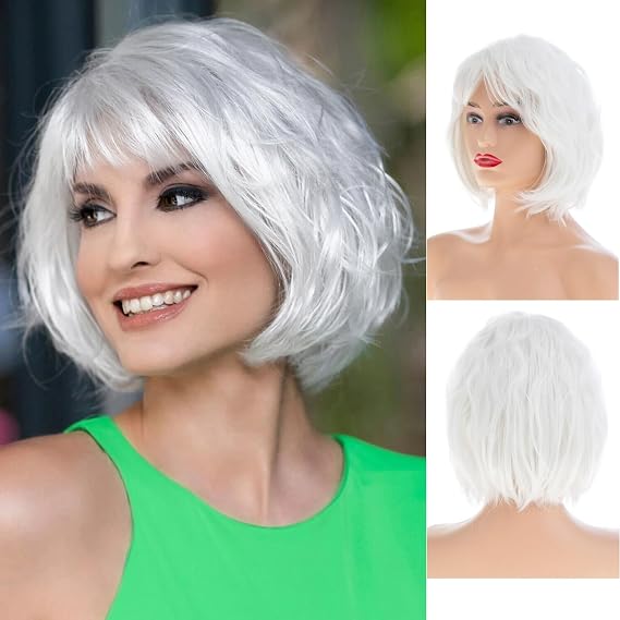 White Short Bob Wig with Bangs for White Women Heat Resistant Synthetic Natural Chin Length Bob Wigs for Daily Party Use