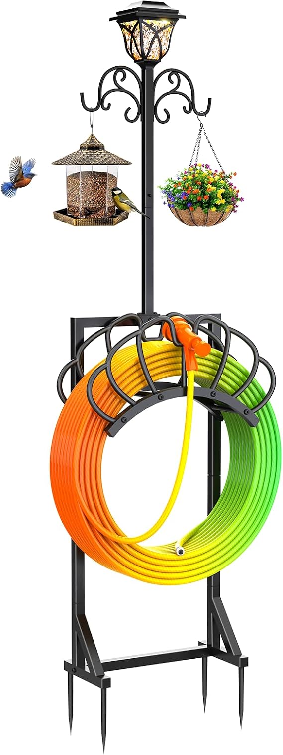 Garden Water Hose Holder with Solar Light & Shepherds Hooks for outside | Stores 160" Hose, Freestanding with Double Hooks for Hanging Decor - Perfect for Outdoor Yard, Lawn & Patio at Night