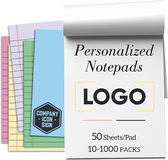 10-1000 Pads Personalized Notepads Bulk, Small 4.25"x5.5" | Custom Notepad Printed with Text Logo, Customized Memo Note Pad Stationery, 50 Sheets/Pad