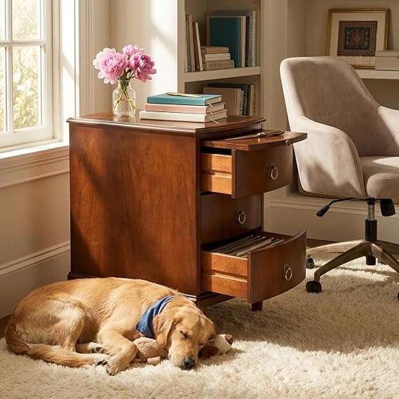 Narrow End Side Table with 3-Drawer and Pull-Out Tray, No-Tools Assembly Beside Table for Living Room, Slim Nightstand with Wood Legs, Sofa Side Tables, 23W x 22L x 22.6H Caramel Brown BG-A1569-MG