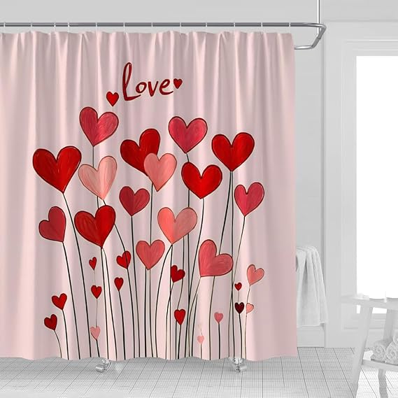 Red Pink Heart Shower Curtain,Romantic Love, 70 x 70 | Happy Valentine's Sweetheart Lover Couple Wedding, Woman Girls, Fabric Bathroom Decor Curtains with Hooks