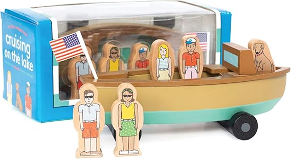 Jack Rabbit Creations Magnetic Lake Boat - 6-Piece Playset - Ages 3+ | Wooden Construction, 4 Family Figures, Dog Character, Built-In Magnets, 9 x 4.5 x 3.5 in, Indoor Role Play