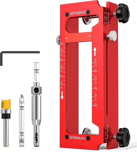 Aluminum Door Hinge Jig, Adjustable Mortise Router Template for 2.55" | Supports 1/4", 5/8" Radius & Square Corner Hinges, Mortising Template Kit for Door Hinge Cutout
