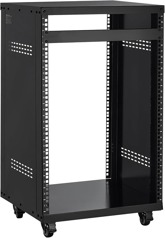 VEVOR 16U AV Rack, Recording Studio Rack Cabinet, Open Frame Server Rack with Locking Caster Wheels, Removable Side Panels & Vent Design for 19" Network, Audio, Video, IT & Network Equipment Mounting