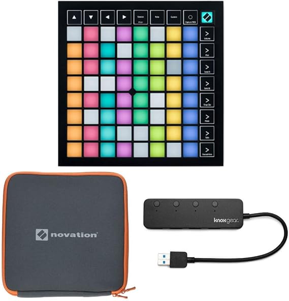 Novation Launchpad X 64 Pad Midi Controller (3 Items) | 64 Velocity-Sensitive Rgb Pads, Dynamic Note and Scale Modes, Includes Case, USB 3.0 4-Port Hub, Ableton Live Lite