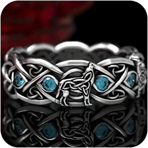 HUUGVBCO Fashion Jewelry Vintage Silver Cat's Eye Stone Wolf Totem Guard Ring Cross Line Crystal Wolf Ring for Street Jewelry Women Men Size 6-13(6)