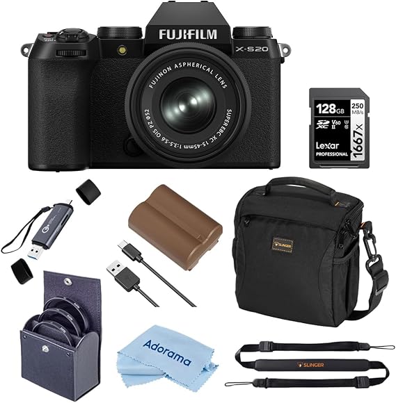 Fujifilm X-S20 Mirrorless Camera with XC 15-45mm f/3.5-5.6 OIS PZ Lens, Black, Bundle with 128GB Memory Card and Li-Ion Battery, 52mm Filter Kit and Shoulder Bag