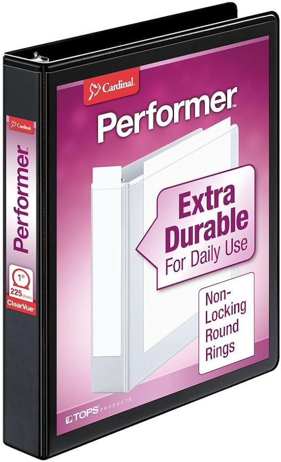 Cardinal 3 Ring Binder, 1 Inch Performer ClearVue Binder, Round Rings, 225-Sheet Capacity, Customizable ClearVue Covers, PVC-Free, Black (67225)