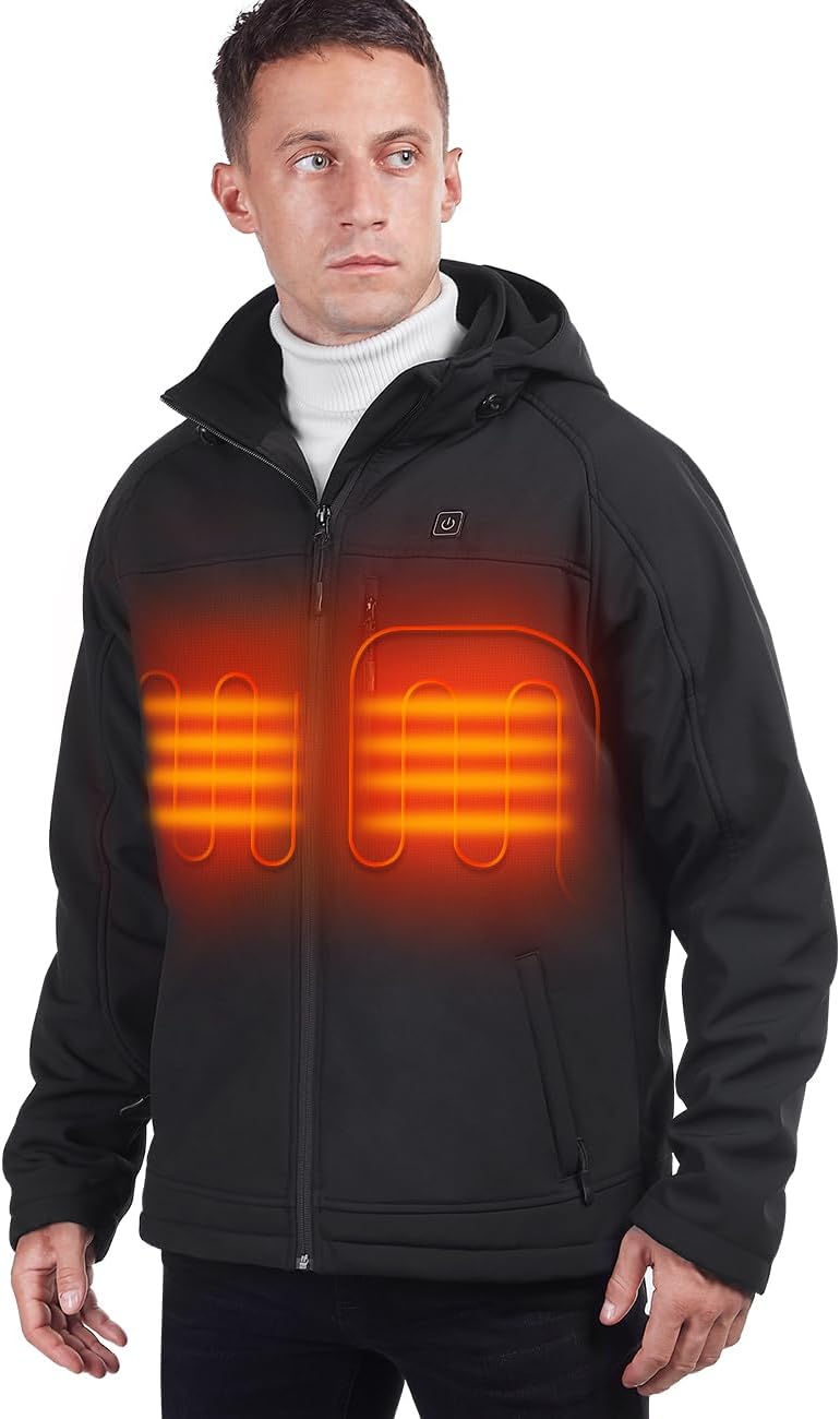 KABCON Mens Soft Shell Heated Jacket Detachable Hood with Battery and Charger, Windproof Electric Coat Outerwear for Men