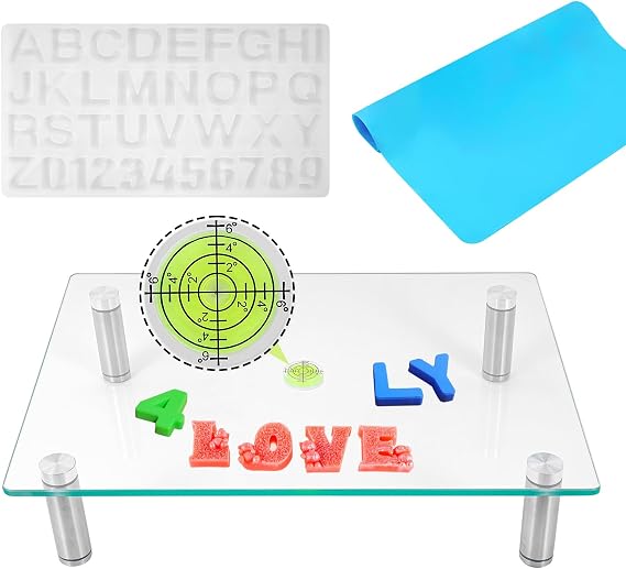 HAWERSI Resin Leveling Table with Height Adjustment,16" x 12" Heat Resistant Glass Resin Table with Silicone Mat and Letter Molds,Compatible with Resin Heating Mat,Leveling Board for Epoxy,Waves