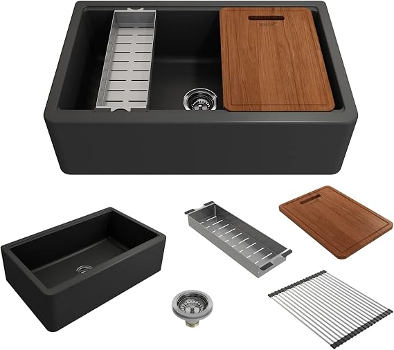 BOCCHI Arona Apron-Front 33 in. Single Bowl Granite Composite Kitchen Sink with Integrated Workstation and Accessories in Matte Black