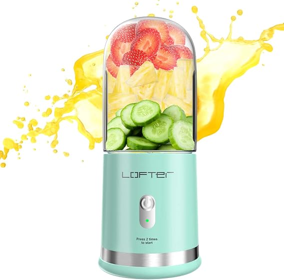 Portable Blender, LOFTer Juicer Cup - USB Blender with Six Blades in 3D, Mini Travel Blender for Fruits, Personal Blender with 4000 mAh Rechargeable Battery, Ice Tray, Green