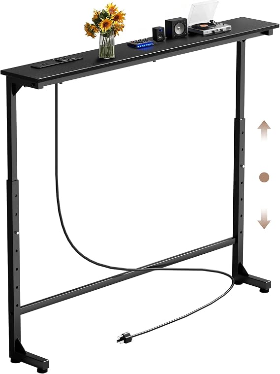 Keelian 35 inch Behind Couch Table with Outlets Adjustable Sofa Table Black