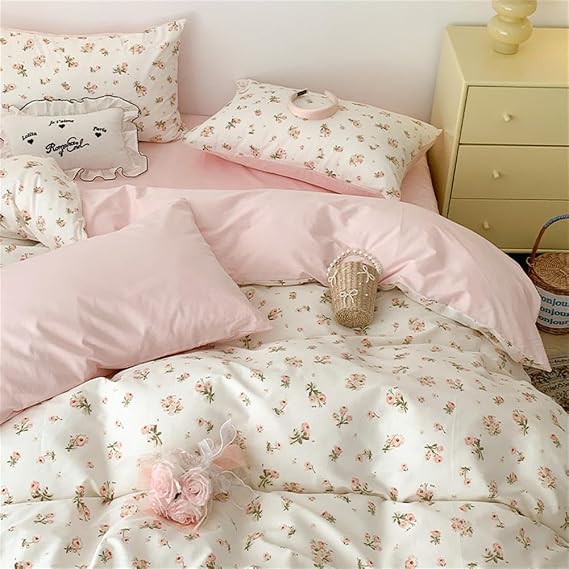 Sedefen Pink Floral Duvet Cover Twin Size Romantic Flower Green Botanical Bedding Set 2Pcs Kids Boys Girls Spring Garden Aesthetic Flowers Soft Breathable Microfiber Comforter Cover with 1 Pillowcase