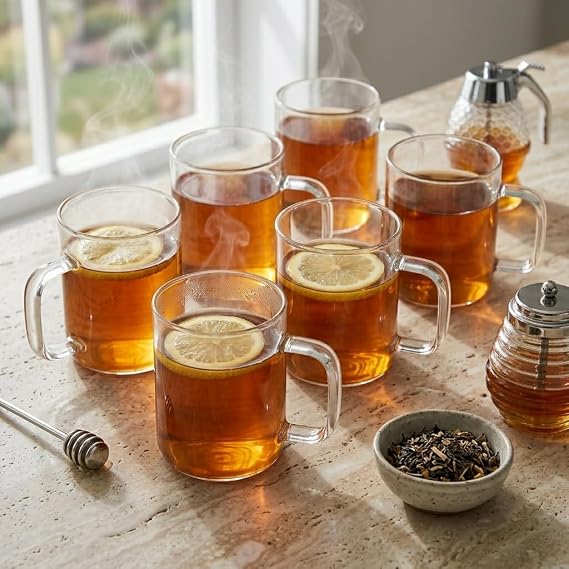Deconox 6'lı Borosilikat Cam Kupa Seti - Isıya Dayanıklı, İnce ve Hafif Çay, Kahve ve Bitki Çayı Bardağı Takımı (220 ml) - 13508 GPB14