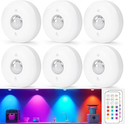 LED Puck Lights with Remote Control, 13 Colors Battery Operated Tap Lights, Dimmer& Timer Under Cabinet Light, Wireless Stick on Light for Closet, Bedroom, Kitchen White 6Pcs