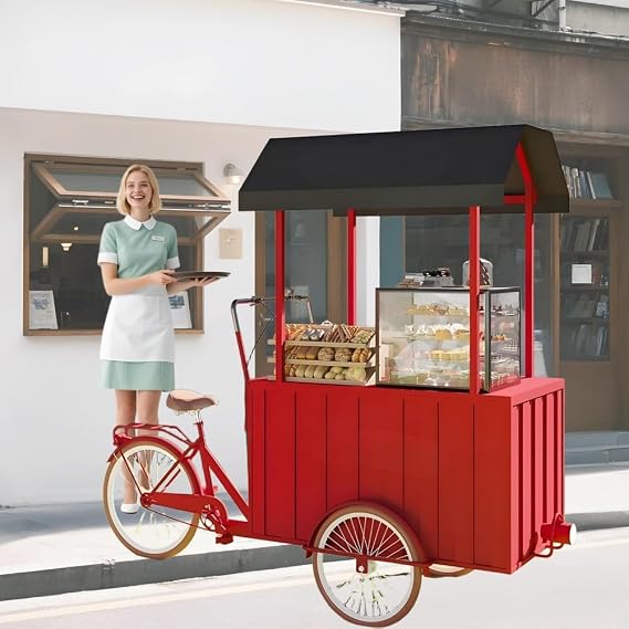 Vending Trike Mobile Food Beverage Bike with Oversized Roof, Ice Cream Drinks Showcase Bicycle, Tricycle Cart Trailer for Parks, Night Markets, Shopping Malls,Red