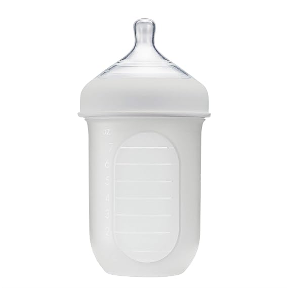 Boon Nursh Reusable Silicone Baby Bottle with Collapsible Silicone Pouch Design - Everyday Baby Essentials - Stage 2 Medium Flow Baby Bottles - Gray - 8 Oz