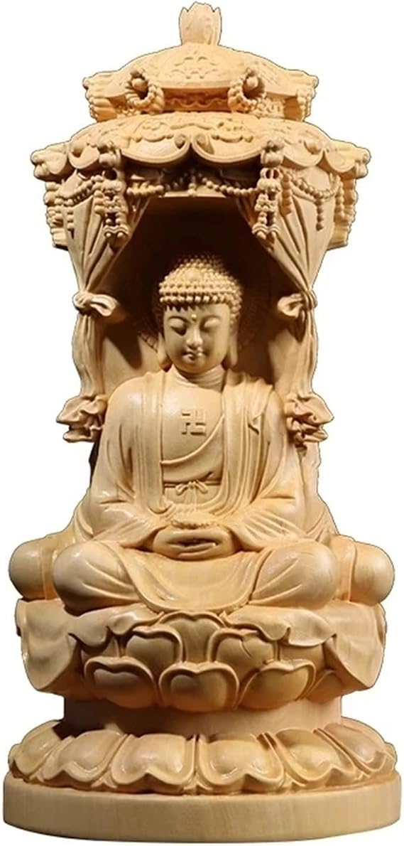 Hand Carved Boxwood Quan yin Statue,Three Sides Buddha Amitabha - Kuan yin - Mahasthamaprapta Bodhisattva Home Office feng Shui Decor,Small Buddha Statue Garden Shelf Decoration