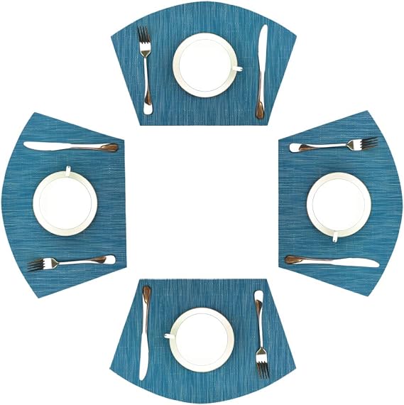 WAZAIGUR Wedge Shape Placemats for Round Tables, Set of 4, Blue | Curved Place Mats Easy to Clean Washable Woven Vinyl Heat Resistant Wipable Indoor Outdoor Non Slip Kitchen Dining Table Mats