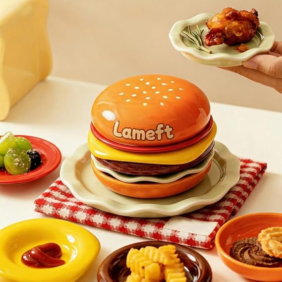 Burger Plate Set, Cute Hamburger Plate Stack, Ceramic Burger Plates & Dipping Bowls, Novelty Stackable Cheeseburger Plates Sets, Fun Dinnerware Multi-layer Dish Set for Sushi, Snacks, Party (1 Set)