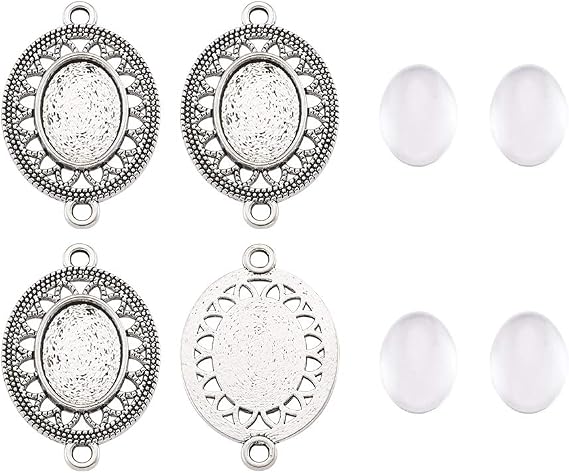 FASHEWELRY 10 Sets Tibetan Style Alloy Oval Bezel Pendant Trays with Transparent Glass Cabochons Hollow Blank Base Connector for DIY Photo Pendant Making