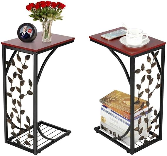 Yaheetech C Shaped End Table Set of 2, Couch Tables for Living Room, Slide Under Sofa Tables Small Coffee Tray Sofa Side Tables with Elegant Leaf Design, Bronze Metal Frame and Wooden Tabletop