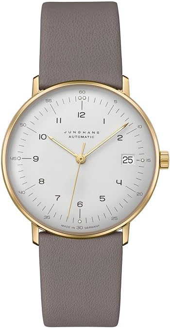 Junghans max Bill Kleine Automatic - Sapphire Glass Watch | Gold PVD Case White Dial Grey Strap 027/7108.02