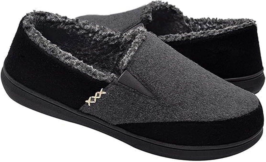 Men's Wool Slippers, Fuzzy Fleece Memory Foam House Shoes | Soft, Cozy, Non-Slip, Slip-on, Closed Back, Elastic Band, for Indoor Outdoor, Gifts for Grandpa Men