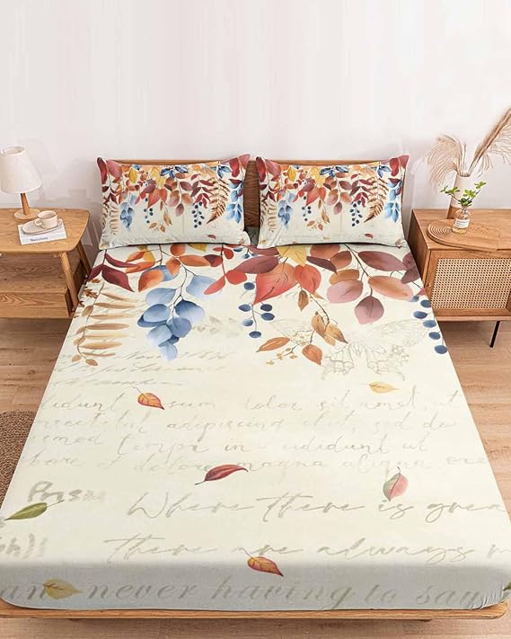 Bedding Cal King Size Fitted Sheets Fit 5"-16" Deep Pocket Mattress,Fall Orange Eucalyptus Leaf Thanksgiving Soft Bottom Sheet Farmhouse Plant Vintage Letter Fitted Sheet Bed Set with Pillow Case
