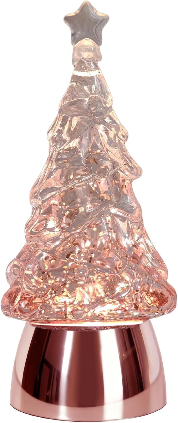Mini Snow Globe Christmas Decorations, Glitter Pink Small Christmas Tree Snow Globe Lighted Water Lantern for Xmas Decor Gifts