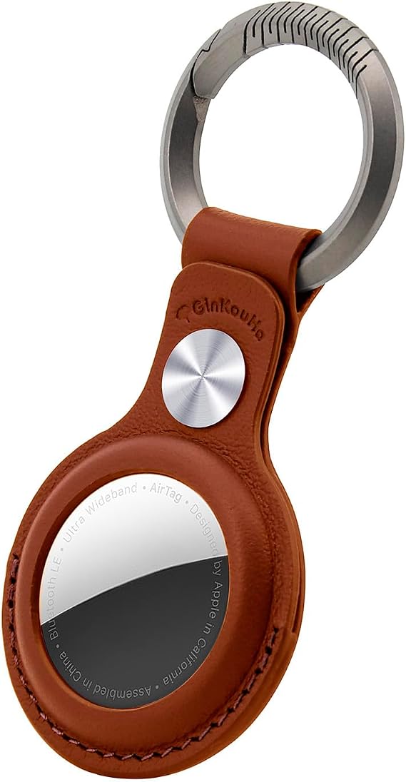 Leather Airtag Holder Suitable for Apple Airtag Titanium Keychain Leather, Small Air Tag Holder with Titanium Key Rings,Protective Airtag Case Cover Accessories - Brown