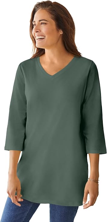 Woman Within Perfect Three-Quarter Sleeve V-Neck Tunic | Women's Plus Size