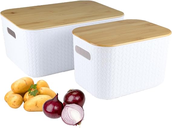 Potato and Onion Storage Bin Set,Vegetable Storage for Onion and Potato Storages Bins,Kitchen Storages Organization with Bamboo Lid&Handle,Produce,Fruit,Bread,Snack,Potatos Basket for Pantry