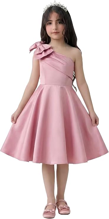 One Shoulder Junior Bridesmaid Dresses Short Flower Girl Dress for Wedding with Bow Formal Gown for Teens