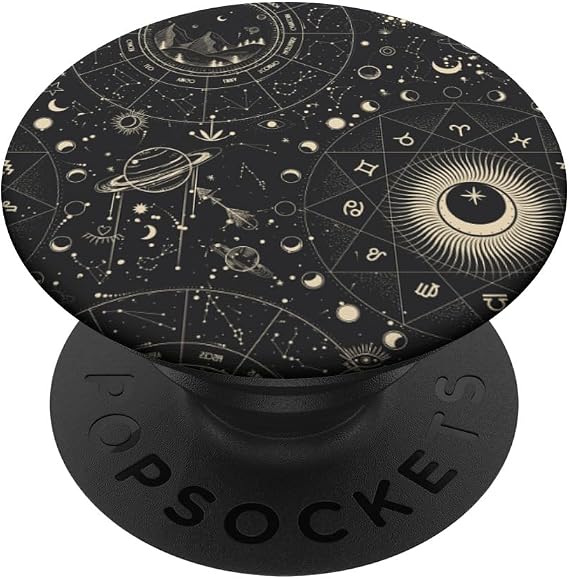 Astrology Zodiac Space Stars Moon Pattern Black PopSockets Adhesive PopGrip